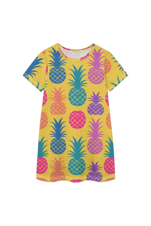Colorful Pineapple Pattern Girls' Casual Dresses Short Sleeve Cotton Dress for School Daily Wear 3T