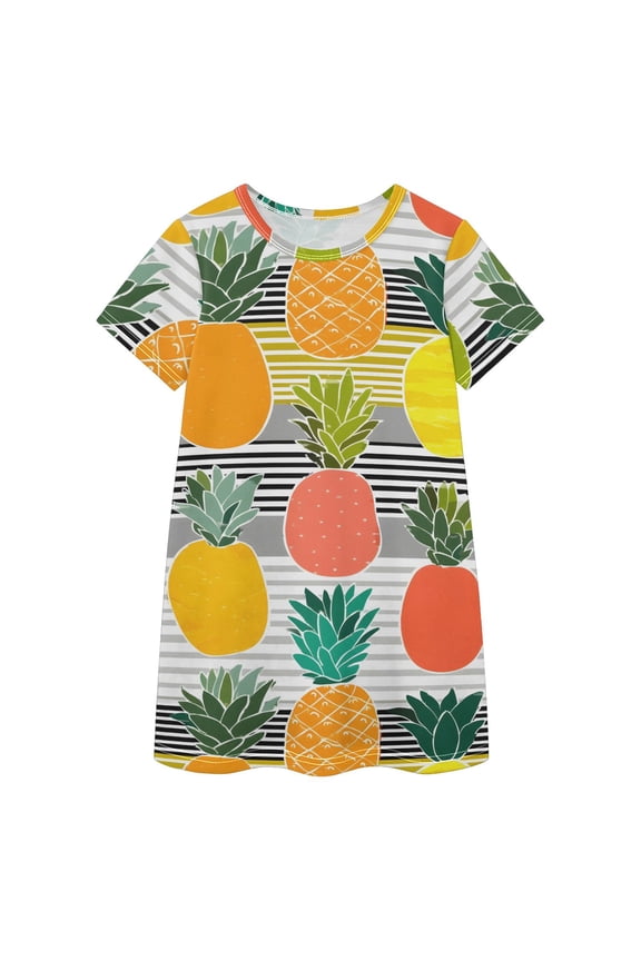Colorful Pineapple Pattern Girls' Casual Dresses Short Sleeve Cotton Dress for School Daily Wear 5-6Y