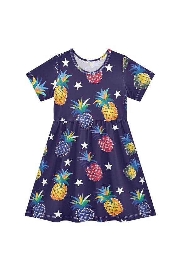 Colorful Pineapple Pattern Girls Short Sleeve Dress A Line Sun Protection Breathable Comfort Sundress 3T