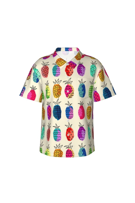Colorful Pineapple Pattern Hawaiian Shirts For Men, Summer Short-Sleeve Relaxed-Fit Button-Down Shirts Medium