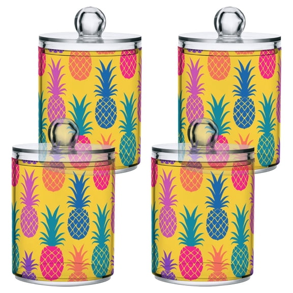 Colorful Pineapple Pattern Plastic Storage Jar 4 Pack Clear Translucent Canisters Dustproof Lid