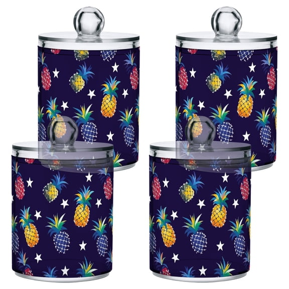 Colorful Pineapple Pattern Plastic Storage Jar 4 Pack Clear Translucent Canisters Dustproof Lid