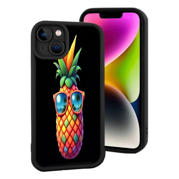 Colorful Pineapple Phone Case for iPhone 15 - Vibrant Multicolored Pattern with Sunglasses Reflecting Tropical Beach Scene