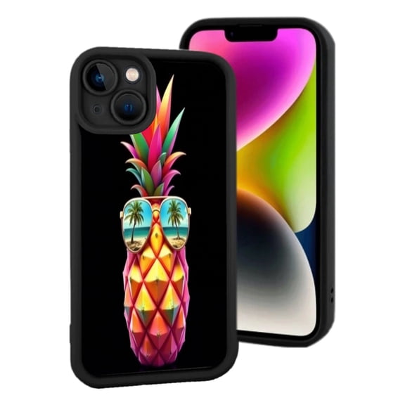 Colorful Pineapple Phone Case for iPhone 15 - Vibrant Tropical Design with Sunglasses & Black Background - Lightweight & Stylish