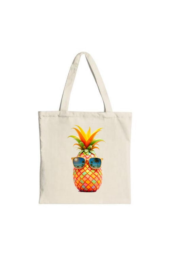 Colorful Pineapple Tote Bag - Vibrant design with sunglasses reflecting a beach scene perfect for shopping travel and parties