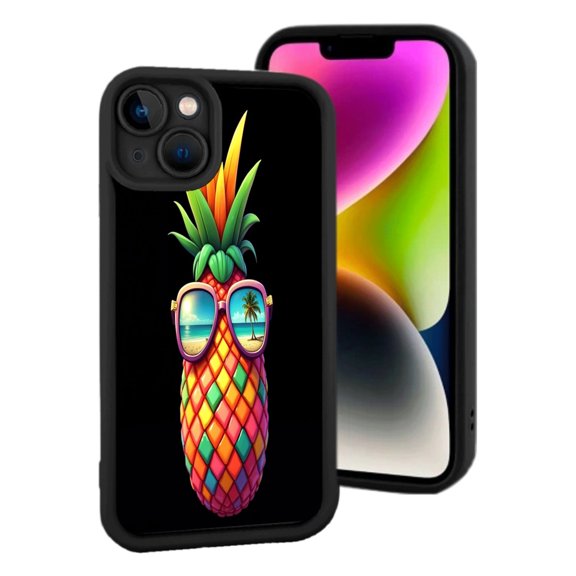 Colorful Pineapple iPhone 15 Case - Vibrant Multicolored Pattern with Sunglasses Reflecting Tropical Beach Scene - Lightweight & Playful