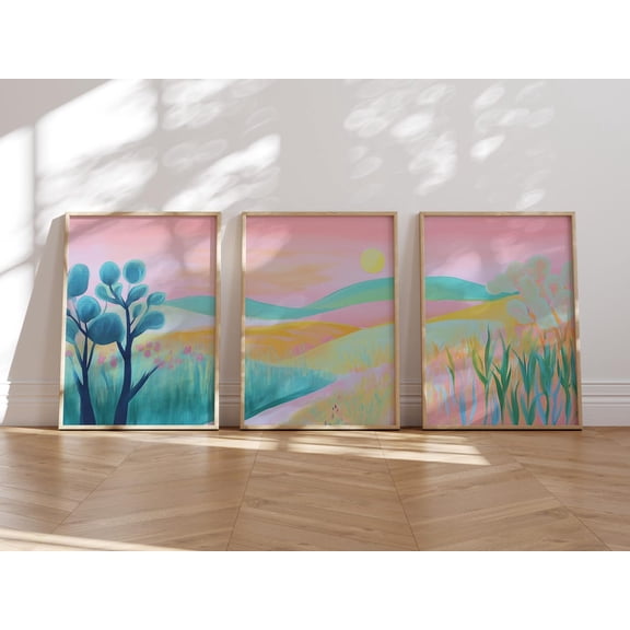 Colorful Pink Abstract Landscape Vibrant Pastel Retro Sunset Illustration Set 3 Stretched Canvas 16x24
