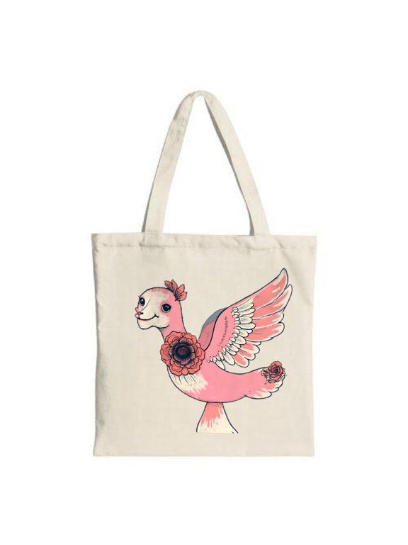 Colorful Pink Bird Tote Bag with Floral Design Cheerful Expression Perfect for Shopping Travel and Parties - Eco-Friendly Canvas