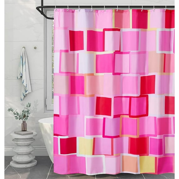 Colorful Pink Fabric Shower Curtain for Bathroom Aesthetic Decor, Heavy Duty Bright Abstract Geometric Modern Y2K Simple Groovy Preppy Shower Curtain Set with Hooks