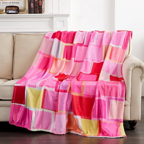 Colorful Pink Geometric Throw Blanket, 50x60 Cute Modern Mid Century Funky Retro Decorative Bed Throws Blankets, Soft Silky Flannel Throw Blanket for Couch Bed Chair Living Room Aesthetic