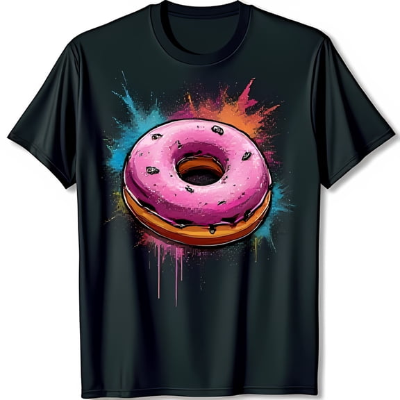 Colorful Pink Glazed Donut Design Black T-Shirt with Chocolate & Sprinkles