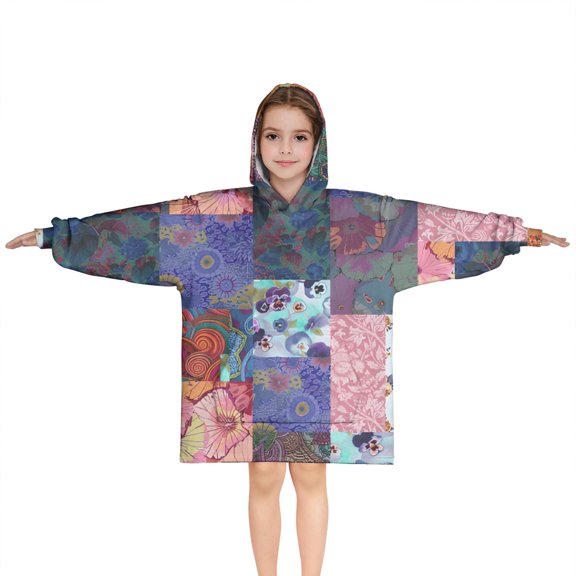 Colorful Pioneer Flower Patchwork Blanket Hoodies for Kids 6-13YR Oversize Wearable Blanket Hoodies for Boys Girls Teens