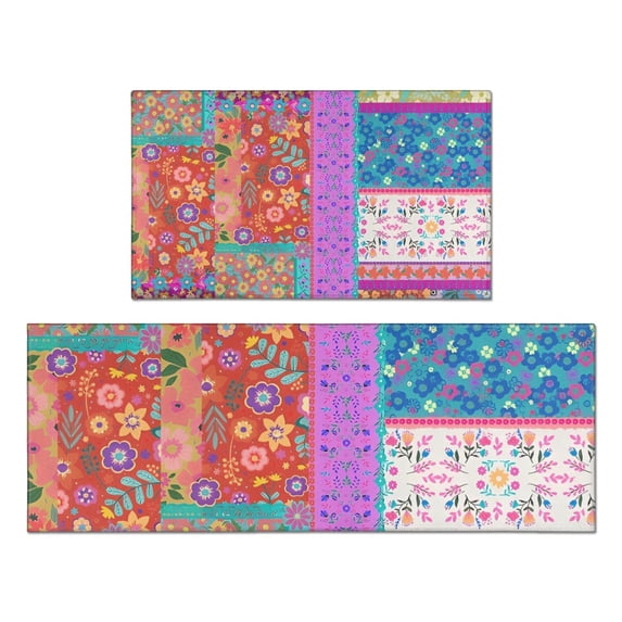 Colorful Pioneer Flower Patchwork Kitchen Rugs Sets Of 2,Anti Fatigue Kitchen Mat Rugs Non Slip Washable,Decorative Kitchen Floor Mats for Kitchen,Sink,Laundry,17"x30"+17"x47"