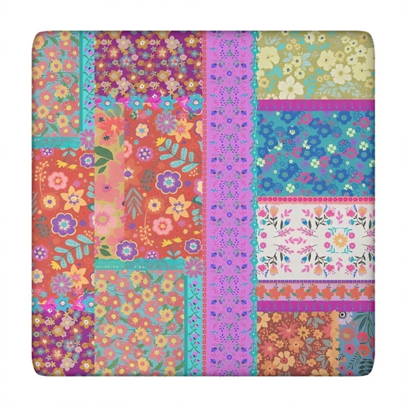 Colorful Pioneer Flower Patchwork Square Fitted Tablecloth with Elastic Edge,Square Table Cover,Washable Elastic Table Cover for Home Kitchen Party Decor 34"x34"
