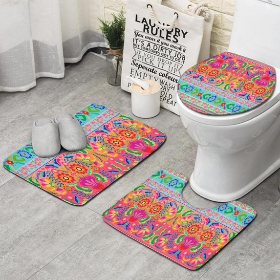 Colorful Pioneer Flower Pattern Bathroom Rugs Sets 3 Piece,Toilet Cover Set,Absorbent Non Slip Bathroom Mats Sets with U-Shaped Contour Rug Toilet Rug Set