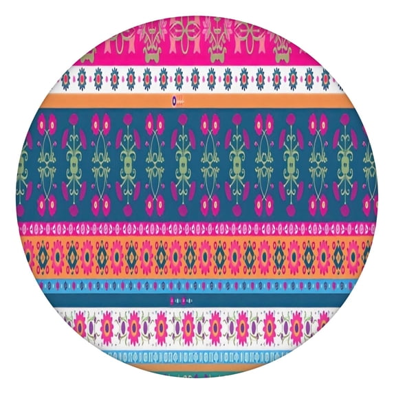 Colorful Pioneer Flower Striped Pattern Round Fitted Tablecloth with Elastic Edge,Dining Table Cover Waterproof,Outdoor Round Tablecloth for Camping,Dining,Indoor and Outdoor