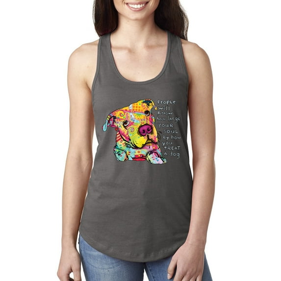 Colorful Pitbul | People Will Know How Large Your Soul | Dean Russo Art Animal Lover Ladies Racerback Tank Top, Dark Grey, Small