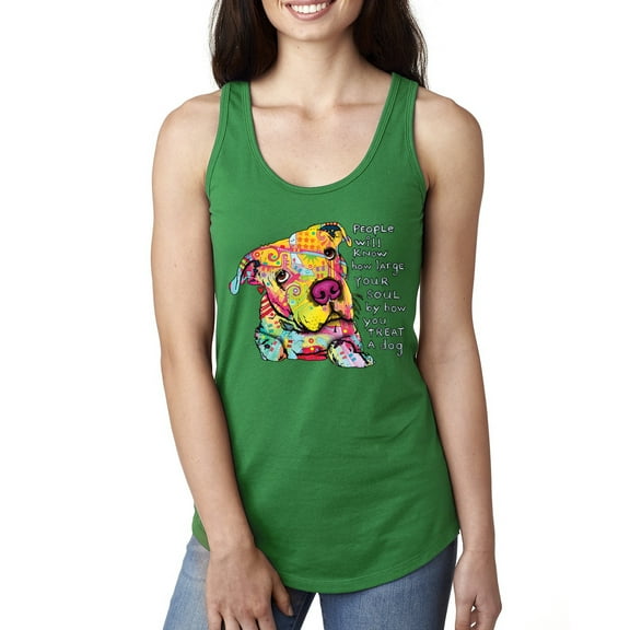 Colorful Pitbul | People Will Know How Large Your Soul | Dean Russo Art Animal Lover Ladies Racerback Tank Top, Kelly, Medium