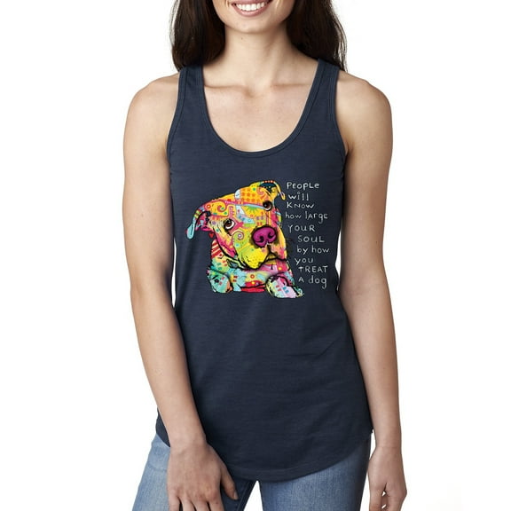 Colorful Pitbul | People Will Know How Large Your Soul | Dean Russo Art Animal Lover Ladies Racerback Tank Top, Navy, Medium