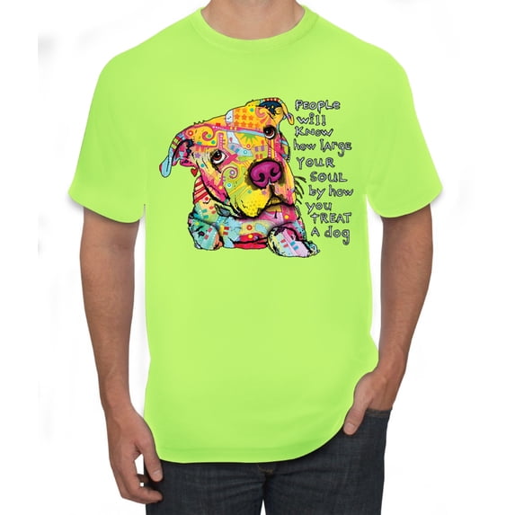 Colorful Pitbul | People Will Know How Large Your Soul | Dean Russo Art Animal Lover Men's T-Shirt, Safety Green, Large