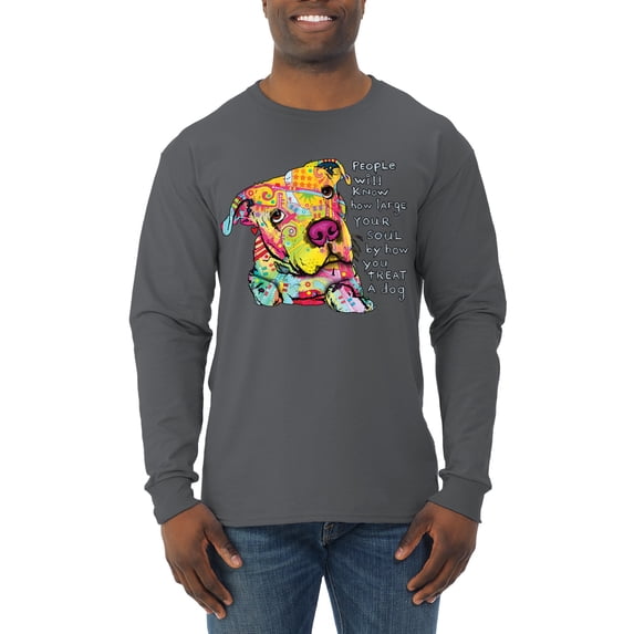 Colorful Pitbul | People Will Know How Large Your Soul | Dean Russo Art Animal Lover Mens Long Sleeve Shirt, Charcoal, Medium