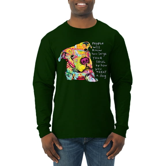 Colorful Pitbul | People Will Know How Large Your Soul | Dean Russo Art Animal Lover Mens Long Sleeve Shirt, Forest Green, Medium