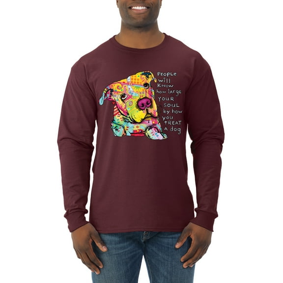 Colorful Pitbul | People Will Know How Large Your Soul | Dean Russo Art Animal Lover Mens Long Sleeve Shirt, Maroon, X-Large