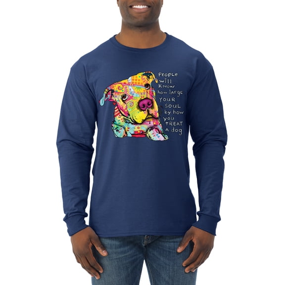 Colorful Pitbul | People Will Know How Large Your Soul | Dean Russo Art Animal Lover Mens Long Sleeve Shirt, Navy, Small