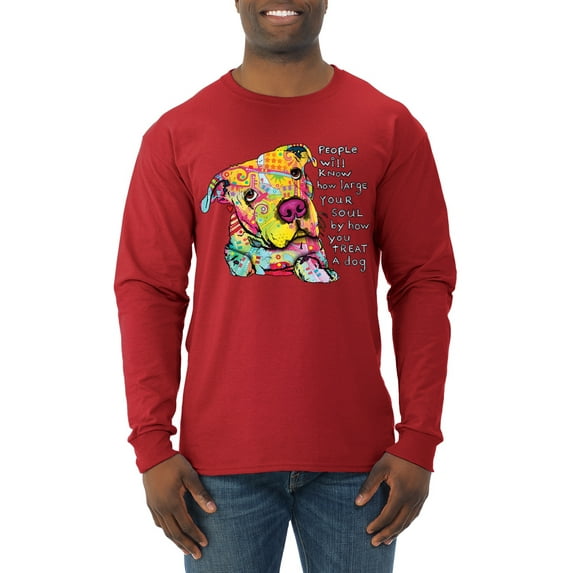 Colorful Pitbul | People Will Know How Large Your Soul | Dean Russo Art Animal Lover Mens Long Sleeve Shirt, Red, Medium