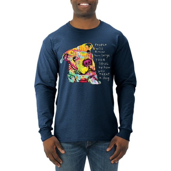Colorful Pitbul | People Will Know How Large Your Soul | Dean Russo Art Animal Lover Mens Long Sleeve Shirt, Vintage Heather Navy, Small