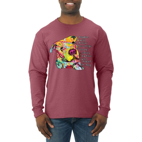 Colorful Pitbul | People Will Know How Large Your Soul | Dean Russo Art Animal Lover Mens Long Sleeve Shirt, Vintage Heather Red, X-Large