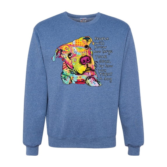 Colorful Pitbul | People Will Know How Large Your Soul | Dean Russo Art Animal Lover Unisex Crewneck Sweatshirt, Vintage Heather Blue, Small