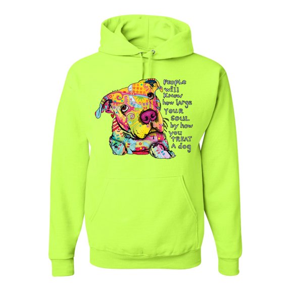 Colorful Pitbul | People Will Know How Large Your Soul | Dean Russo Art Animal Lover Unisex Hoodie Sweatshirt, Safety Green, X-Large