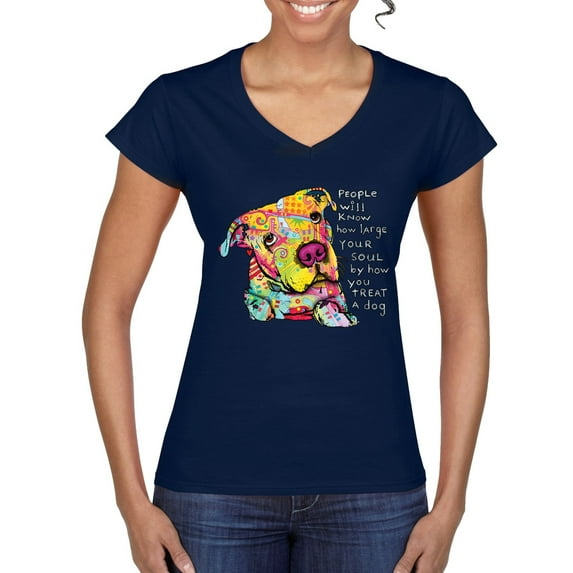 Colorful Pitbul | People Will Know How Large Your Soul | Dean Russo Art Animal Lover Women's Standard V-Neck Tee, Navy, X-Large