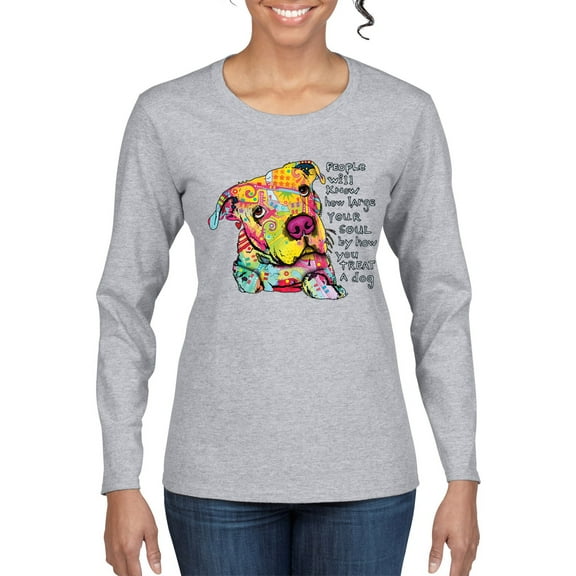 Colorful Pitbul | People Will Know How Large Your Soul | Dean Russo Art Animal Lover Womens Long Sleeve T-Shirt, Heather Grey, Small