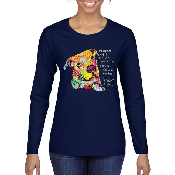 Colorful Pitbul | People Will Know How Large Your Soul | Dean Russo Art Animal Lover Womens Long Sleeve T-Shirt, Navy, Large