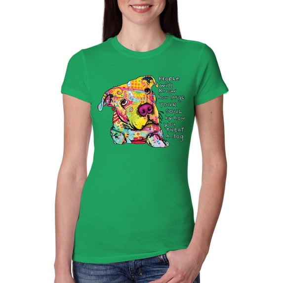 Colorful Pitbul | People Will Know How Large Your Soul | Dean Russo Art Animal Lover Womens Slim Fit Junior Tee, Kelly, XX-Large