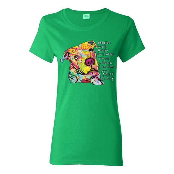 Colorful Pitbul | People Will Know How Large Your Soul | Dean Russo Art Animal Lover Womens T-Shirt, Kelly, Medium