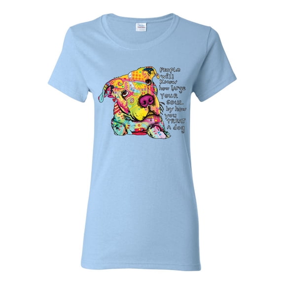 Colorful Pitbul | People Will Know How Large Your Soul | Dean Russo Art Animal Lover Womens T-Shirt, Light Blue, Medium