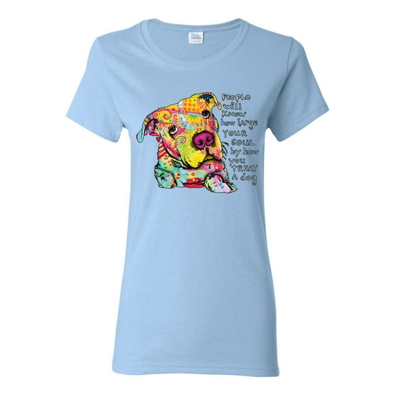 Colorful Pitbul | People Will Know How Large Your Soul | Dean Russo Art Animal Lover Womens T-Shirt, Light Blue, Small