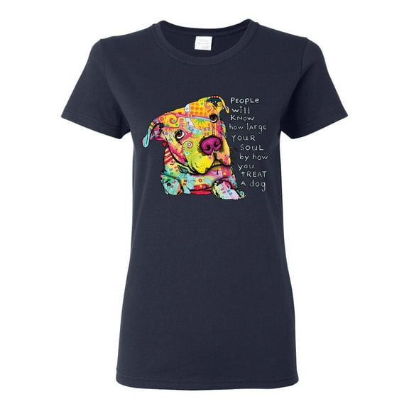 Colorful Pitbul | People Will Know How Large Your Soul | Dean Russo Art Animal Lover Womens T-Shirt, Navy, XX-Large