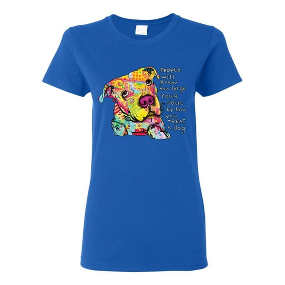 Colorful Pitbul | People Will Know How Large Your Soul | Dean Russo Art Animal Lover Womens T-Shirt, Royal, Large