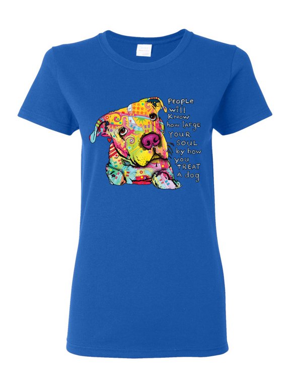 Colorful Pitbul | People Will Know How Large Your Soul | Dean Russo Art Animal Lover Womens T-Shirt, Royal, Large