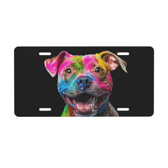 Colorful Pitbull Portrait License Plate with 4 Holes,Novelty Aluminum Metal Car Plate Vanity Tag Decorative Car Front Accessories for Women Men,6x12 Inches