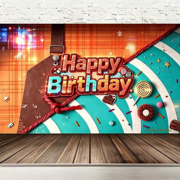 Colorful Pixel Sugar Race Track Birthday Backdrop 71x43in, Retro Arcade Candy Plaid Photography Banner, Polyester Decor, Hemmed Edges & Grommets, Hanging Rope for Boys Girls Birthday Party