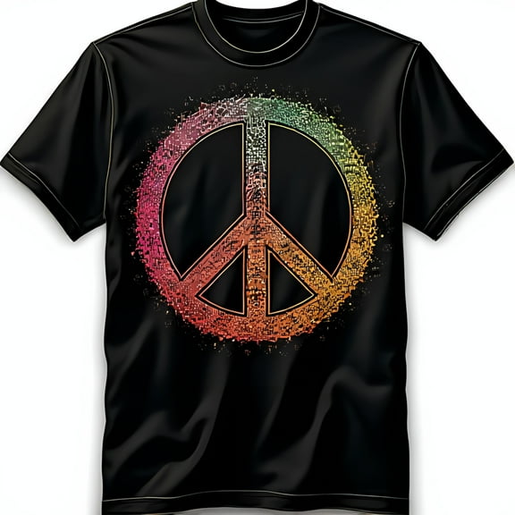 Colorful Pixelated Peace Sign Graphic Black T-Shirt for Trendy Style