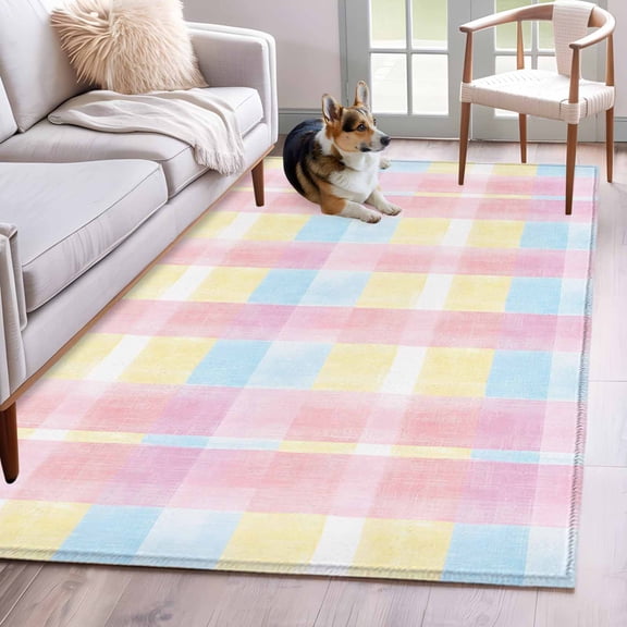 Colorful Plaid Area Rug 3x5 FT, Non Slip Entryway Bedside Carpet, Modern Pink Blue Yellow Stripes Checked Washable Soft Floor Carpet Indoor Mat Non-Shedding Throw Rugs for Dorm Kitchen Home Office