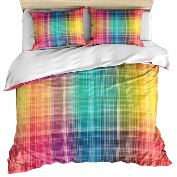 Colorful Plaid Bedding 3 Piece Duvet Cover Set California King, Modern Chic Rainbow Gradient Striped Soft Microfiber Comforter Cover with Zipper Closure & Pillowcases, FadeResistant Quilt Cover
