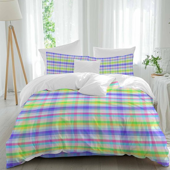 Colorful Plaid California King Duvet Cover Set, Pastoral Striped Background Comic 4 Piece Microfiber Bedding Set with Zipper Closure, Bed Sheet and 2 Pillow Shams, Soft Bedding Cover