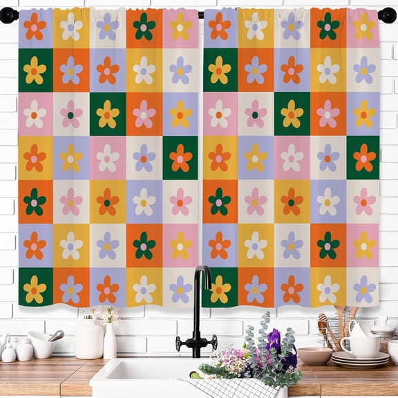 Colorful Plaid Checkered Flower Kitchen Curtains Retro Multicolored Cute Floral Bathroom Curtains Window Treatment Drapes Funky 70S Cafe Small Bedroom Short Patchwork Curtains 27.5x36 Inch